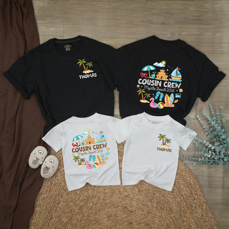 Personalized Cousin Crew Shirt with Summer Sandcastle Design Custom Name Toddler Baby Romper Family Beach Vacation Myrtle Beach 2026