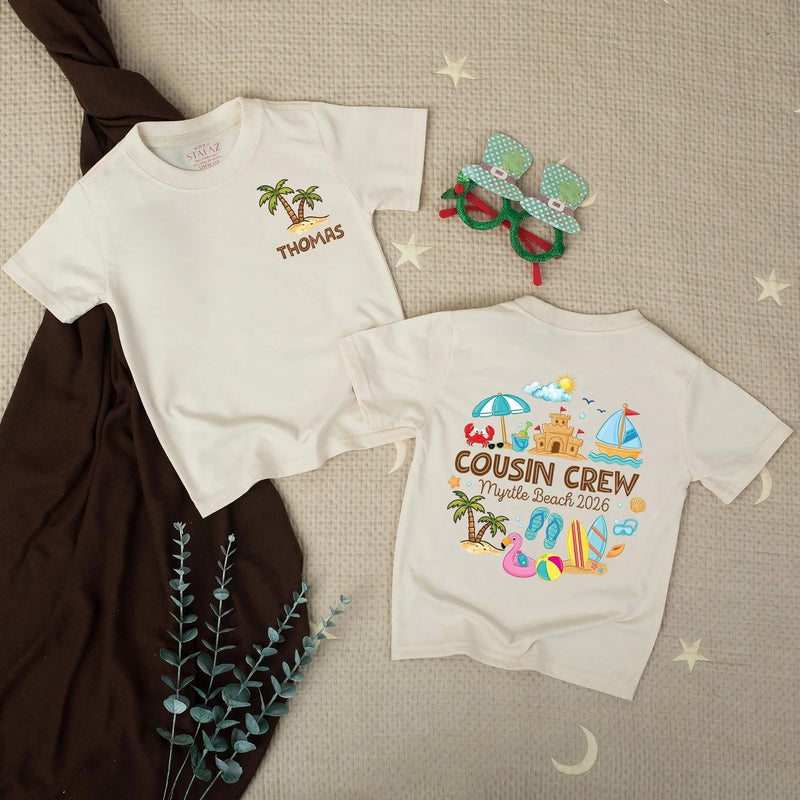 Personalized Cousin Crew Shirt with Summer Sandcastle Design Custom Name Toddler Baby Romper Family Beach Vacation Myrtle Beach 2026