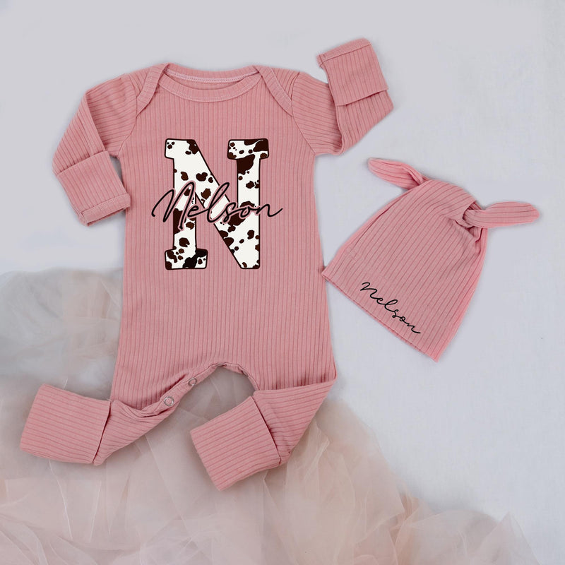 Personalized Baby Girl Cow Print Bodysuit & Hat, Custom Name Newborn Sleeper, Soft Cotton Coming Home Outfit, Baby Shower Gift