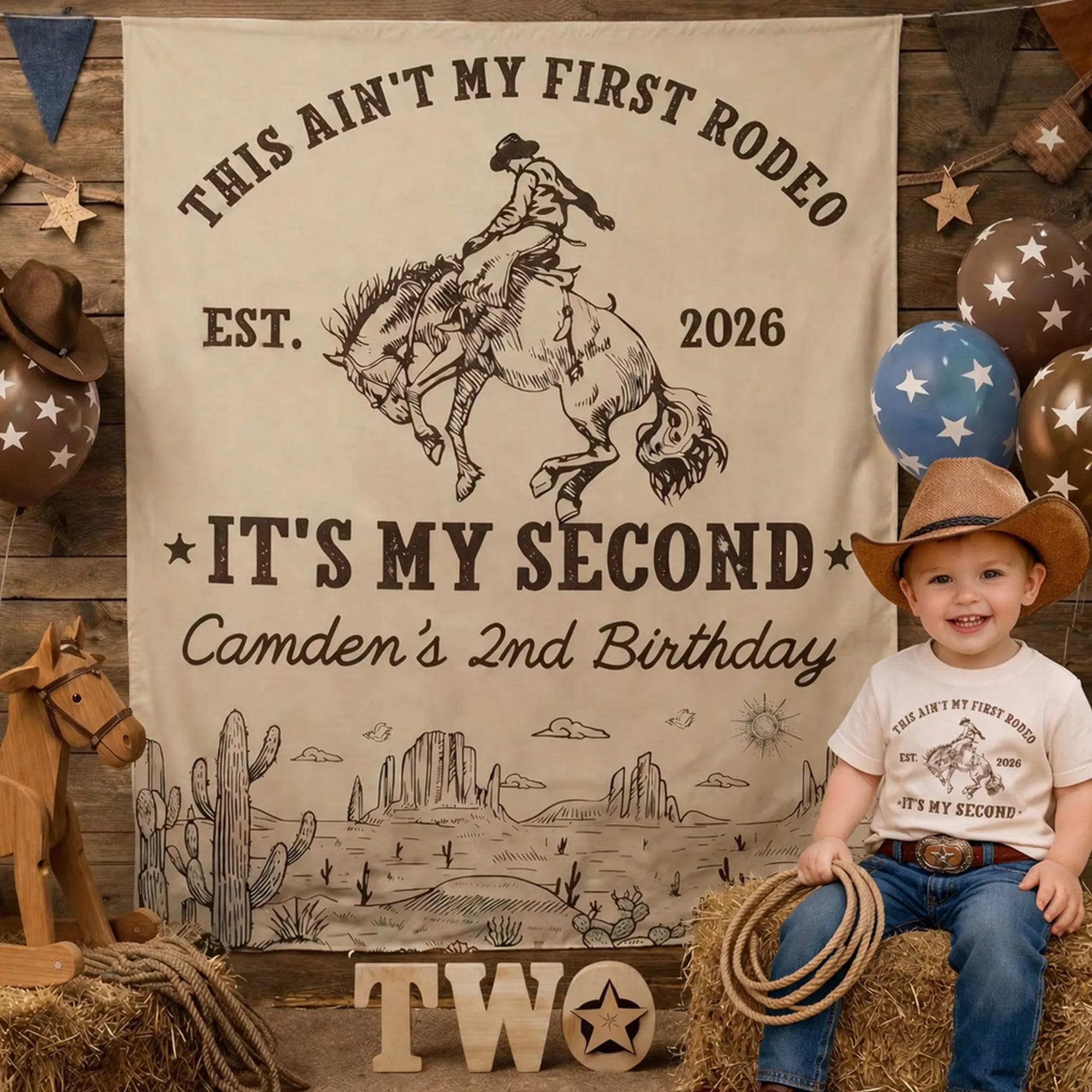 Personalized Cowboy 2nd Birthday Outfit with Silk Banner This Ain’t My First Rodeo Shirt Western Party Backdrop Custom Prop Gift