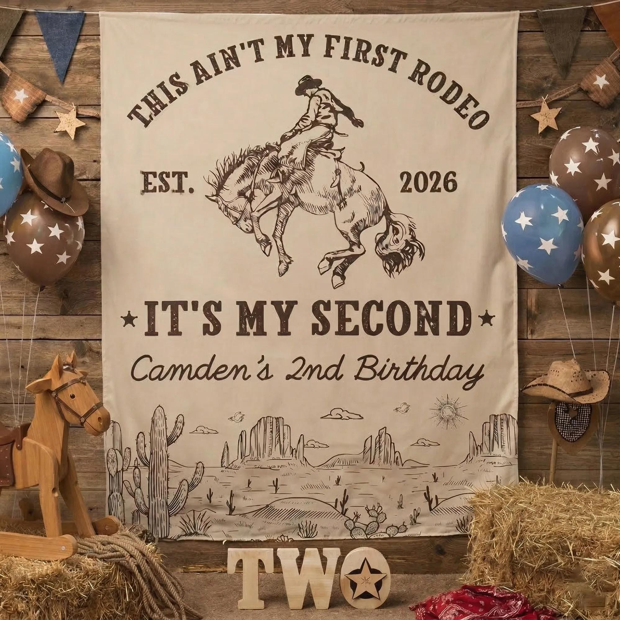 Personalized Cowboy 2nd Birthday Outfit with Silk Banner This Ain’t My First Rodeo Shirt Western Party Backdrop Custom Prop Gift