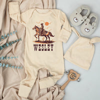 Personalized Cowboy Baby Bodysuit and Hat Set Custom Name Western Horse Outfit Newborn Coming Home Gift Soft Cotton Rustic Design