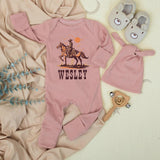 Personalized Cowboy Baby Bodysuit and Hat Set Custom Name Western Horse Outfit Newborn Coming Home Gift Soft Cotton Rustic Design