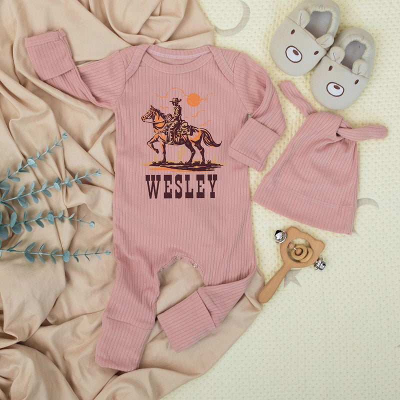 Personalized Cowboy Baby Bodysuit and Hat Set Custom Name Western Horse Outfit Newborn Coming Home Gift Soft Cotton Rustic Design