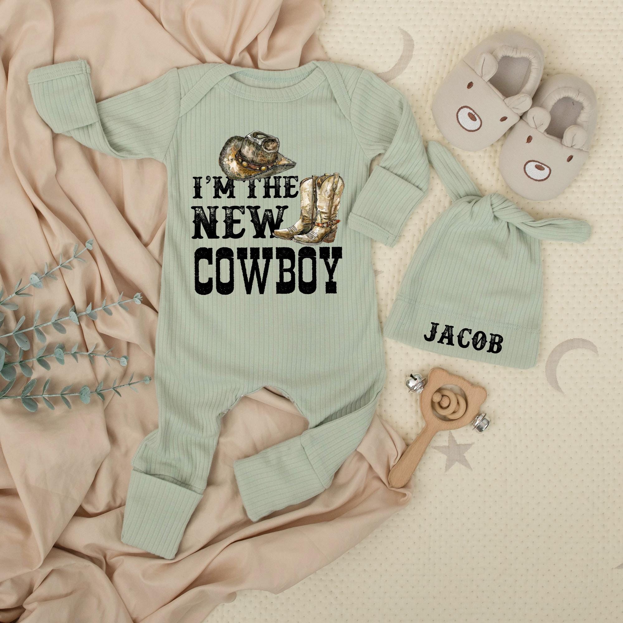 Personalized Cowboy Baby Bodysuit with Hat, Western Rodeo Outfit for Newborn Boy, Soft Cotton Baby Shower Gift or Country Photo Prop
