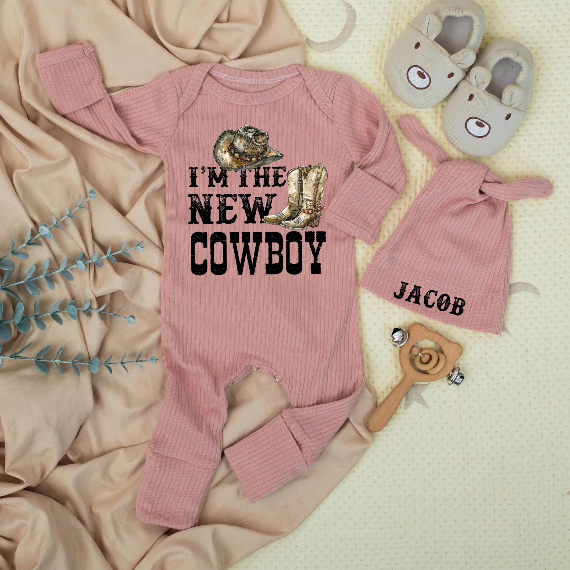 Personalized Cowboy Baby Bodysuit with Hat, Western Rodeo Outfit for Newborn Boy, Soft Cotton Baby Shower Gift or Country Photo Prop