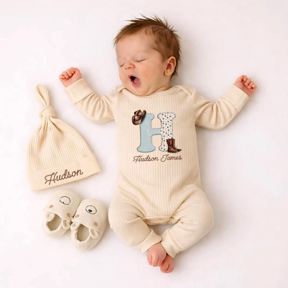 Personalized Cowboy Baby Bodysuit with Hudson Name Western Design Newborn Coming Home Outfit Rustic Baby Shower Gift for Boys