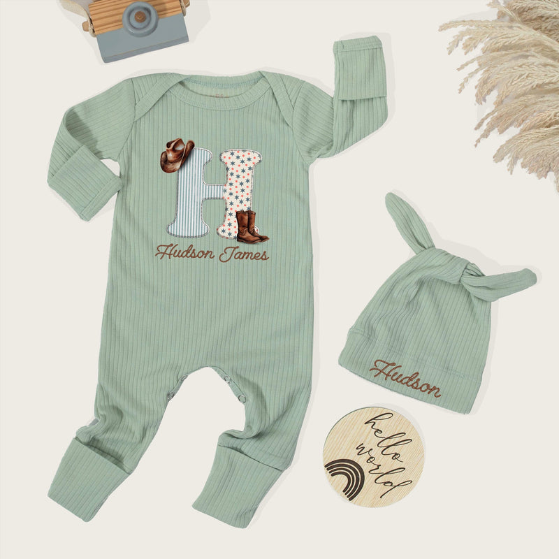 Personalized Cowboy Baby Bodysuit with Hudson Name Western Design Newborn Coming Home Outfit Rustic Baby Shower Gift for Boys