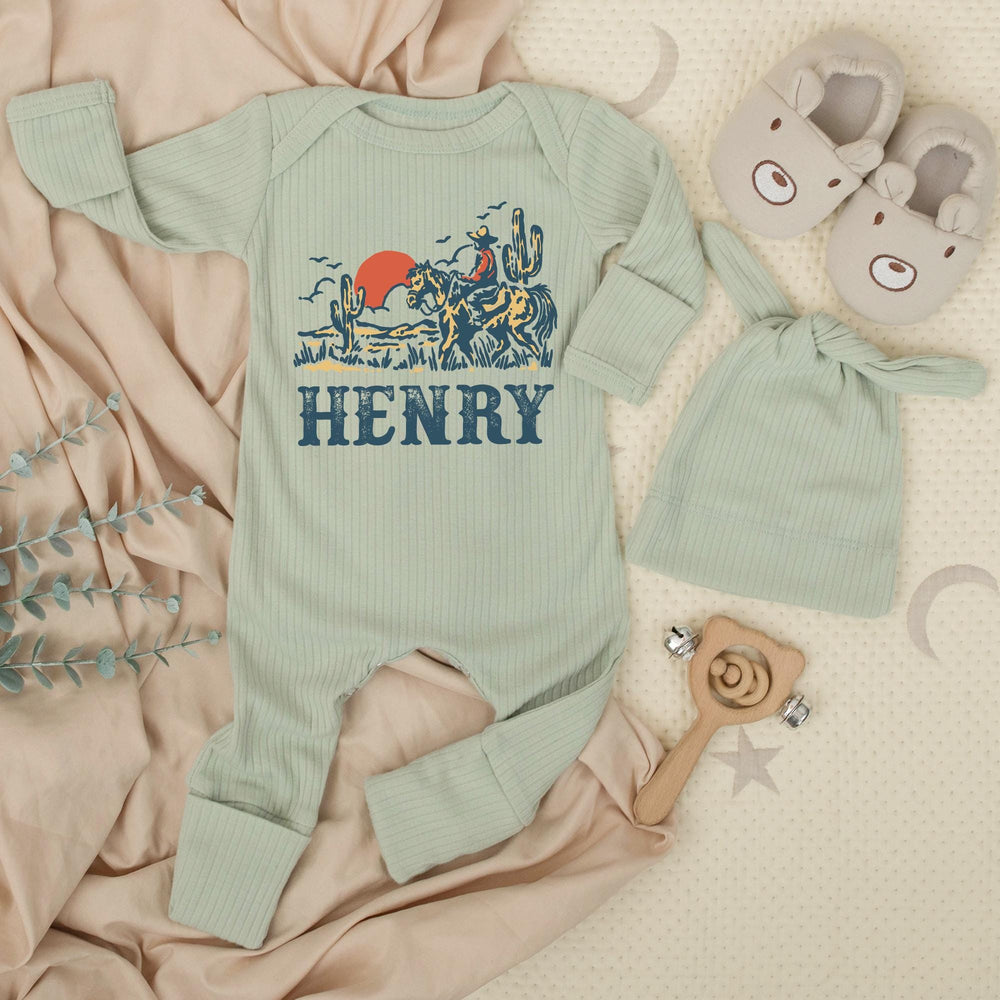 Personalized Cowboy Baby Romper with Western Desert Scene Custom Name Outfit Soft Cotton Infant Bodysuit Unique Rodeo Baby Shower Gift