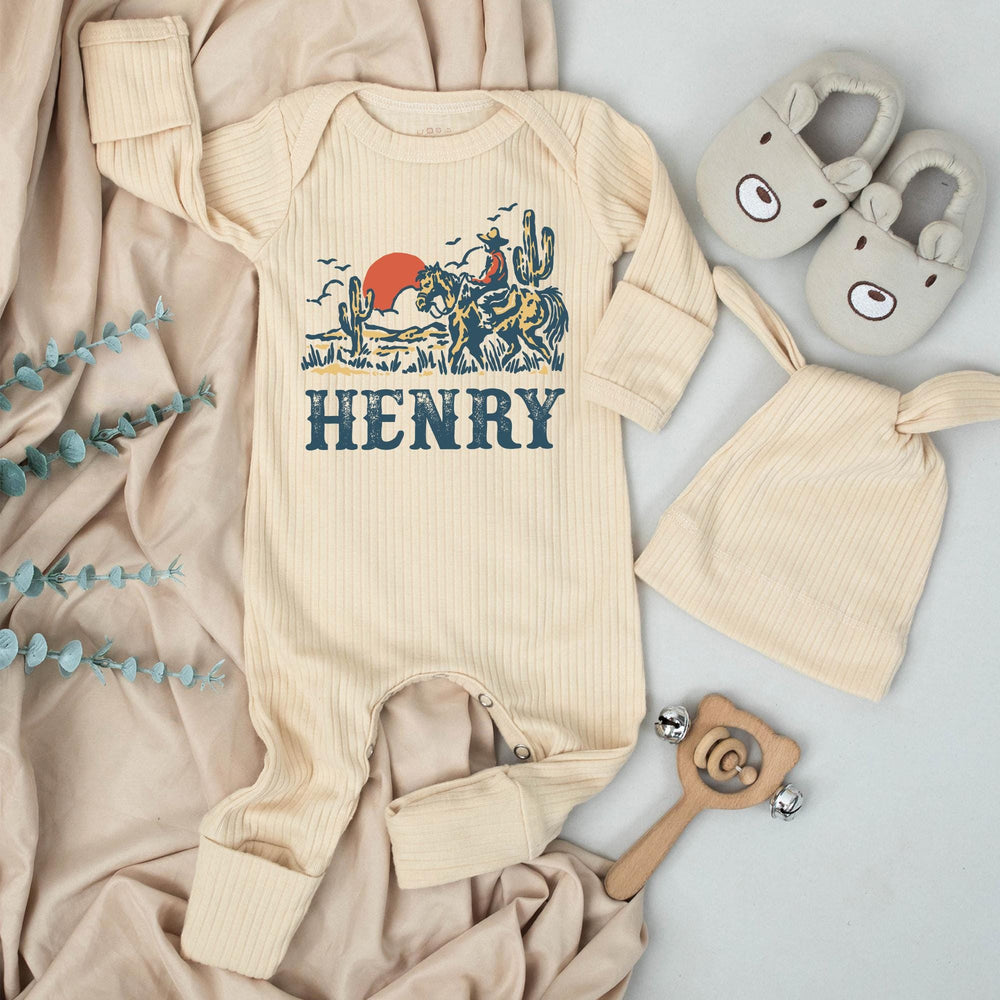 Personalized Cowboy Baby Romper with Western Desert Scene Custom Name Outfit Soft Cotton Infant Bodysuit Unique Rodeo Baby Shower Gift
