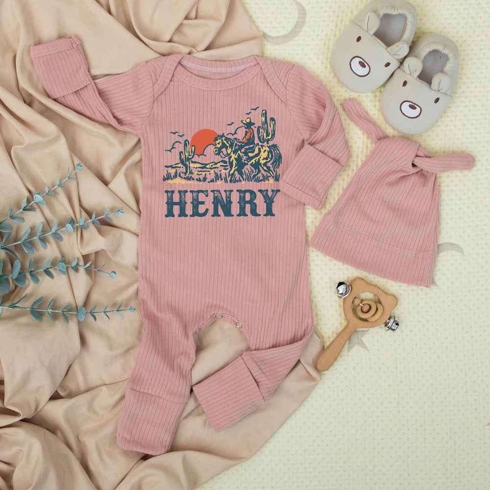 Personalized Cowboy Baby Romper with Western Desert Scene Custom Name Outfit Soft Cotton Infant Bodysuit Unique Rodeo Baby Shower Gift