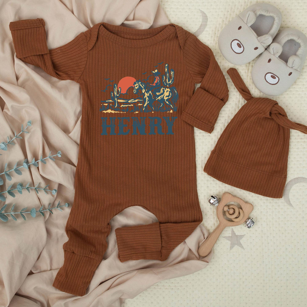 Personalized Cowboy Baby Romper with Western Desert Scene Custom Name Outfit Soft Cotton Infant Bodysuit Unique Rodeo Baby Shower Gift