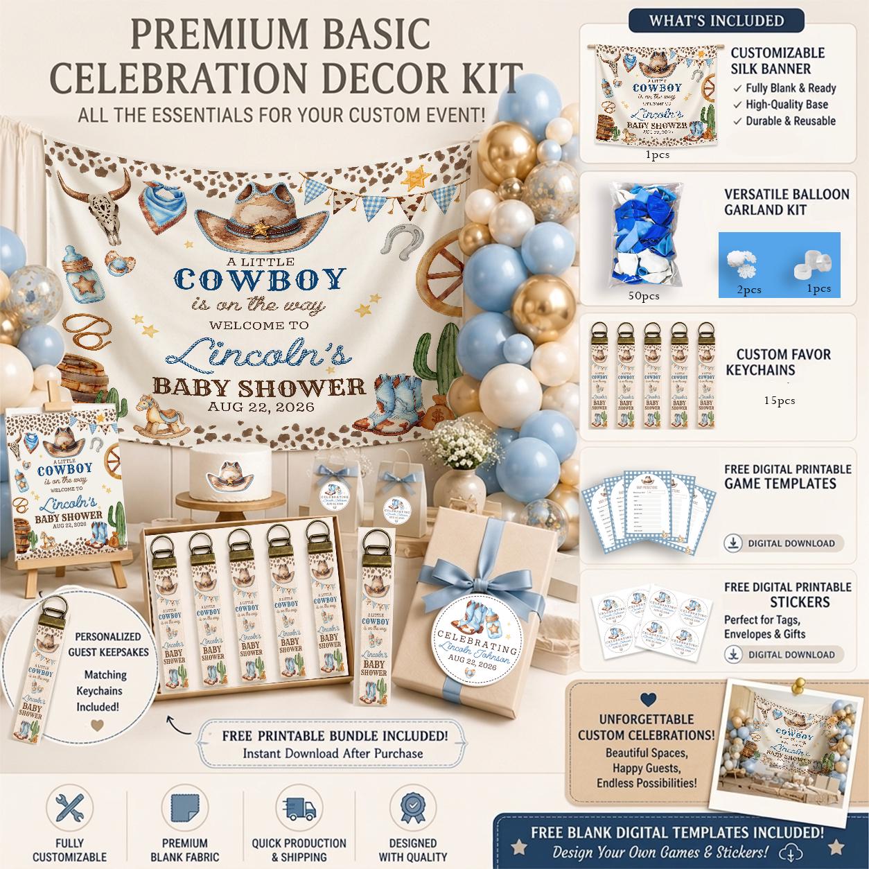 Personalized Cowboy Baby Shower Banner with Western Theme Decor Custom Name Design, Little Cowboy Party Backdrop Steer Skull Cactus Boots