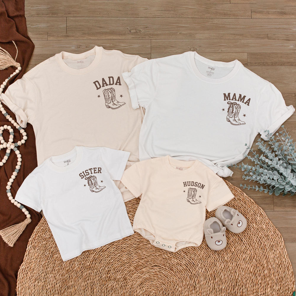 Personalized Cowboy Family Outfits with Hand-Drawn Boots Western Baby Boy Clothes Custom Name Matching Birthday or Holiday Cotton Set