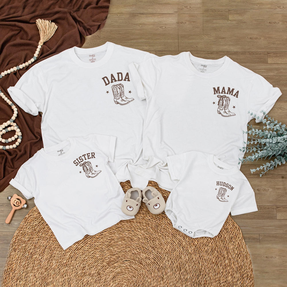 Personalized Cowboy Family Outfits with Hand-Drawn Boots Western Baby Boy Clothes Custom Name Matching Birthday or Holiday Cotton Set