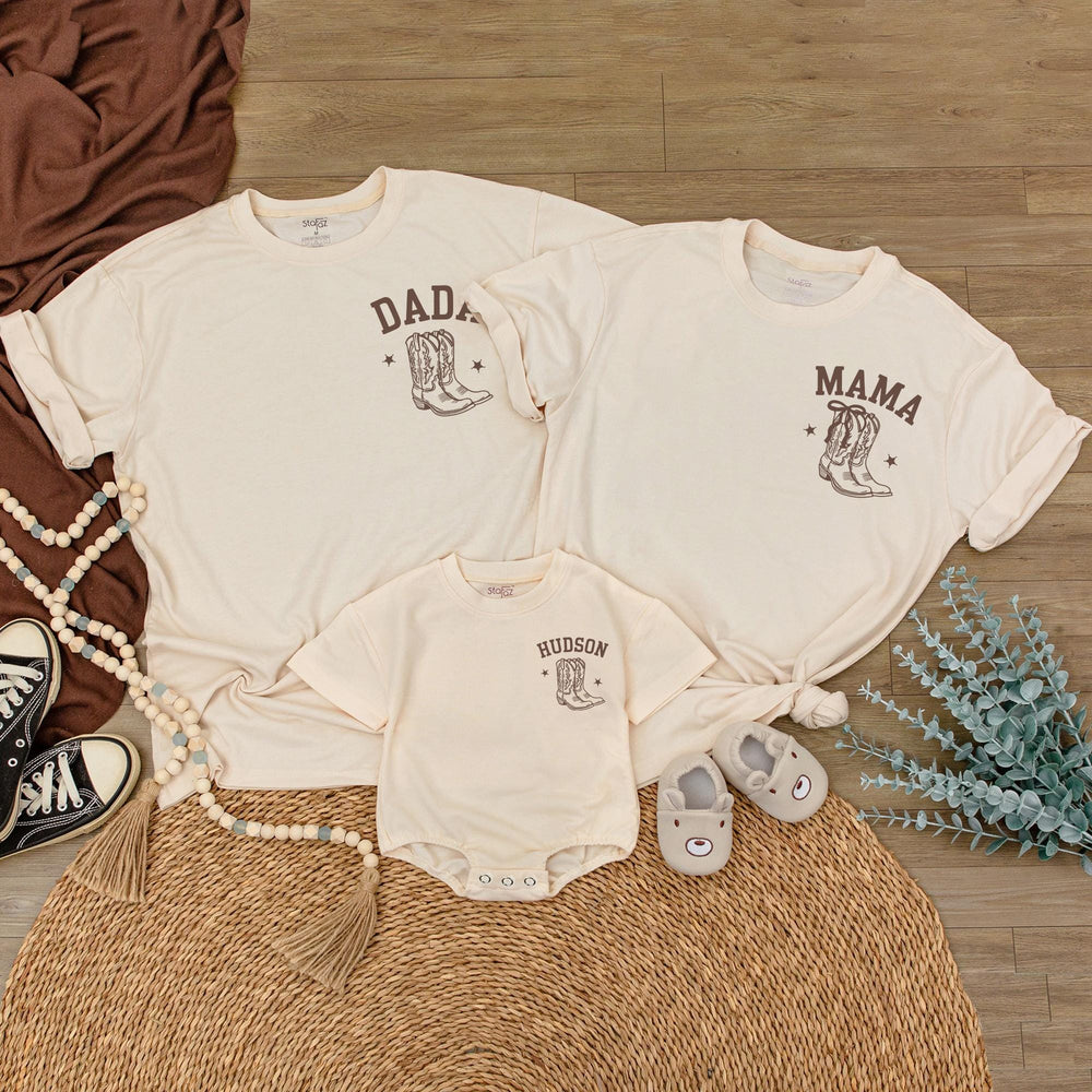 Personalized Cowboy Family Outfits with Hand-Drawn Boots Western Baby Boy Clothes Custom Name Matching Birthday or Holiday Cotton Set