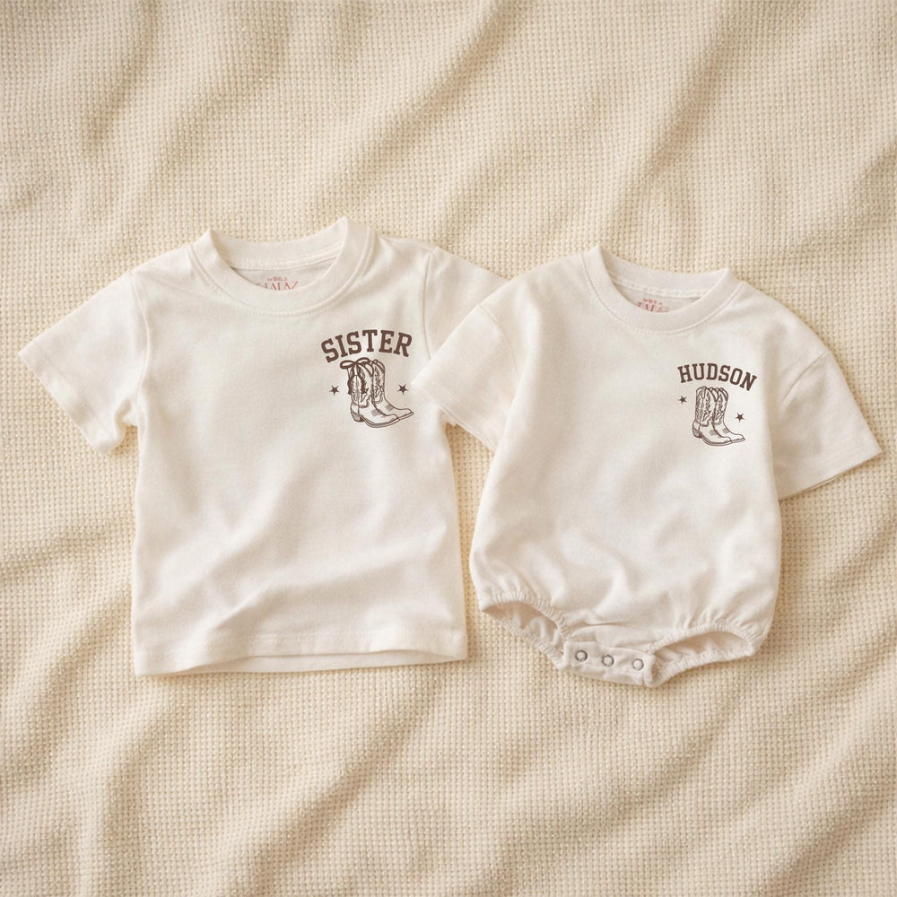 Personalized Cowboy Family Outfits with Hand-Drawn Boots Western Baby Boy Clothes Custom Name Matching Birthday or Holiday Cotton Set