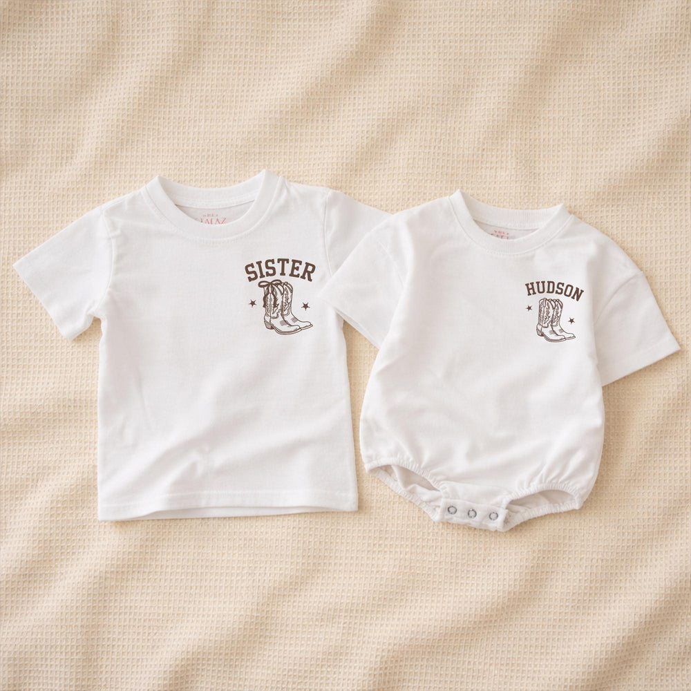Personalized Cowboy Family Outfits with Hand-Drawn Boots Western Baby Boy Clothes Custom Name Matching Birthday or Holiday Cotton Set