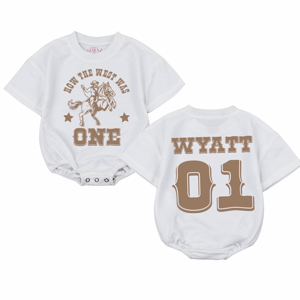 Personalized Cowboy First Birthday Romper Baby Outfit with Western Theme, Custom Name and Number, Rustic Brown Design Gift for One Year Old