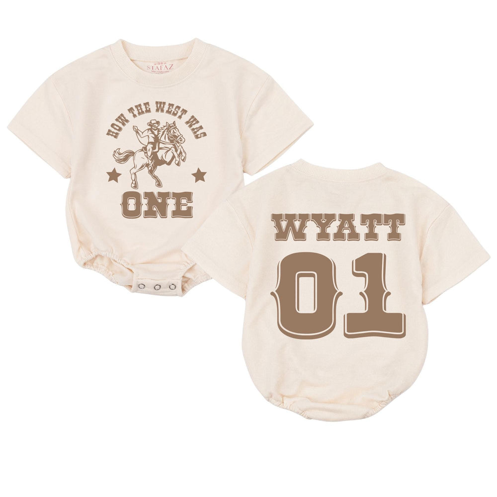 Personalized Cowboy First Birthday Romper Baby Outfit with Western Theme, Custom Name and Number, Rustic Brown Design Gift for One Year Old
