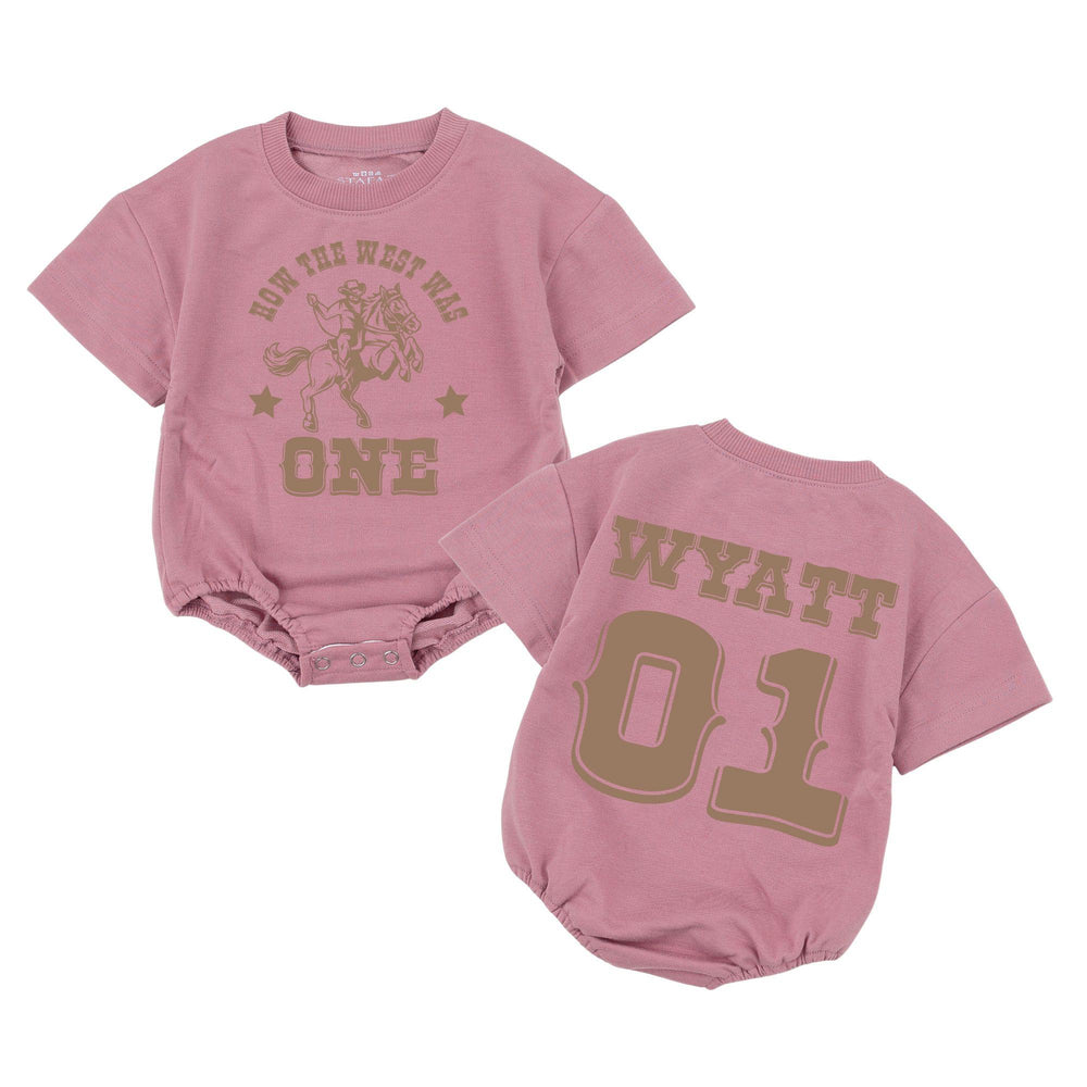 Personalized Cowboy First Birthday Romper Baby Outfit with Western Theme, Custom Name and Number, Rustic Brown Design Gift for One Year Old