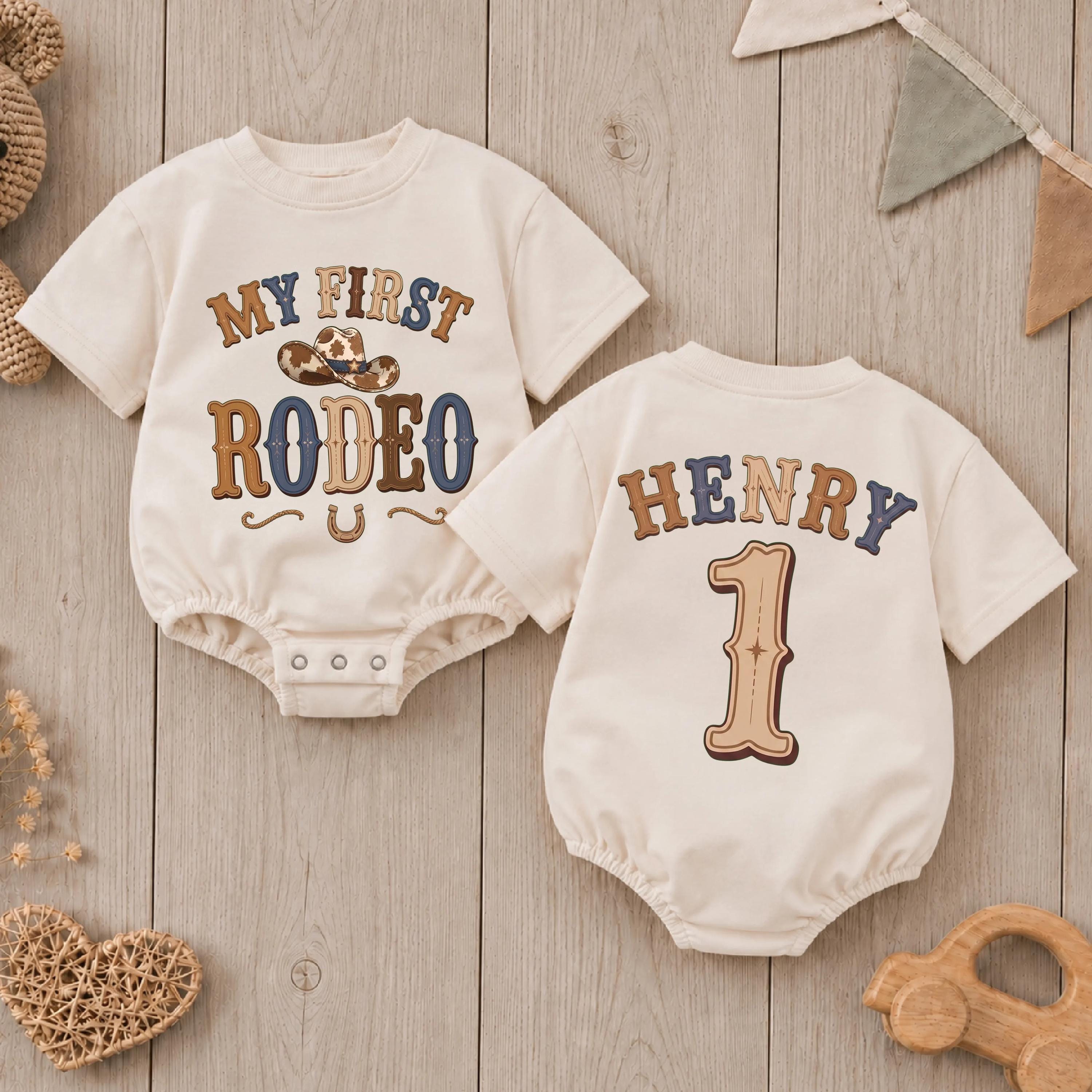 Personalized Cowboy First Birthday Romper, Custom Baby Outfit with Western Hat & Horseshoe, Soft Cotton Bubble Bodysuit for Boys