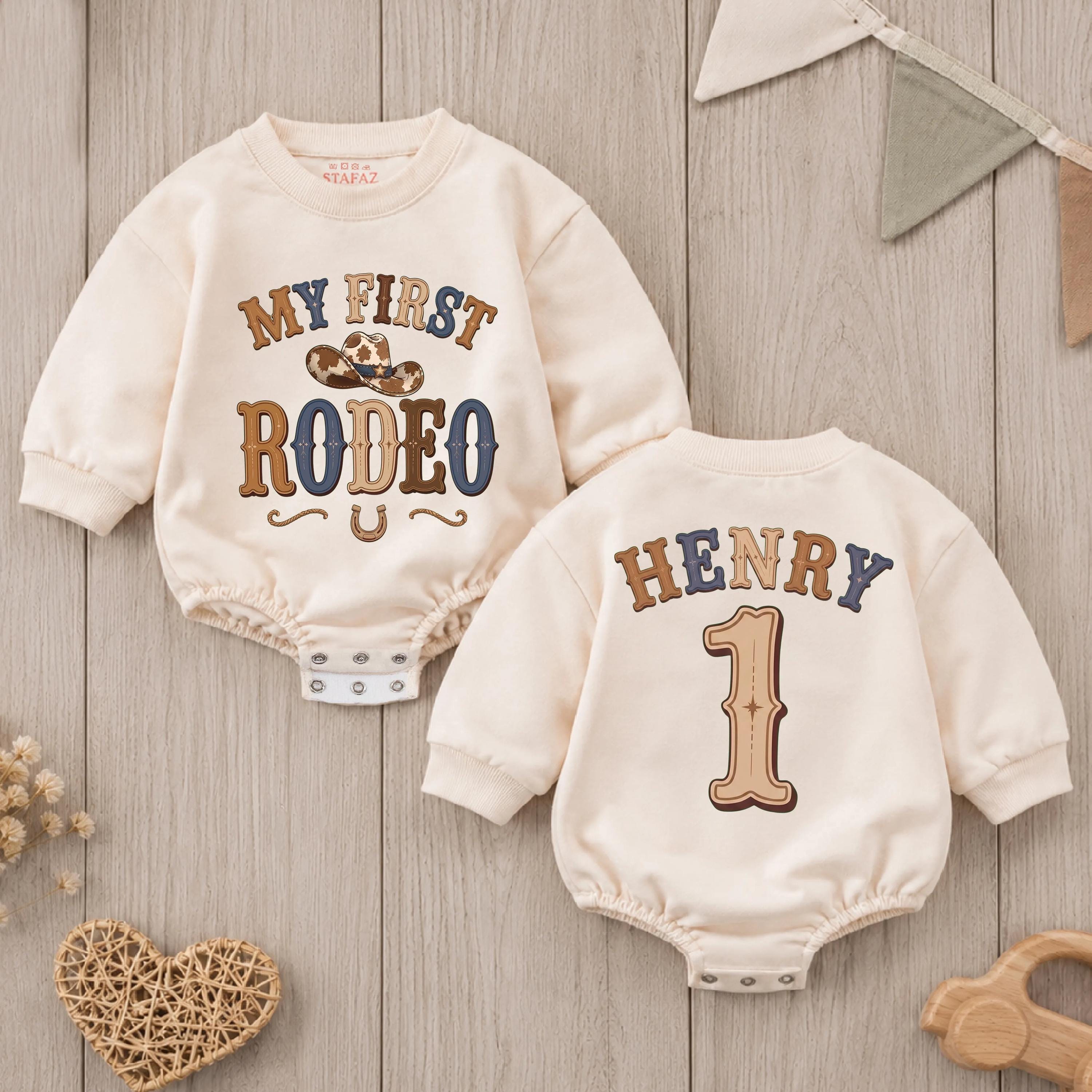 Personalized Cowboy First Birthday Romper, Custom Baby Outfit with Western Hat & Horseshoe, Soft Cotton Bubble Bodysuit for Boys