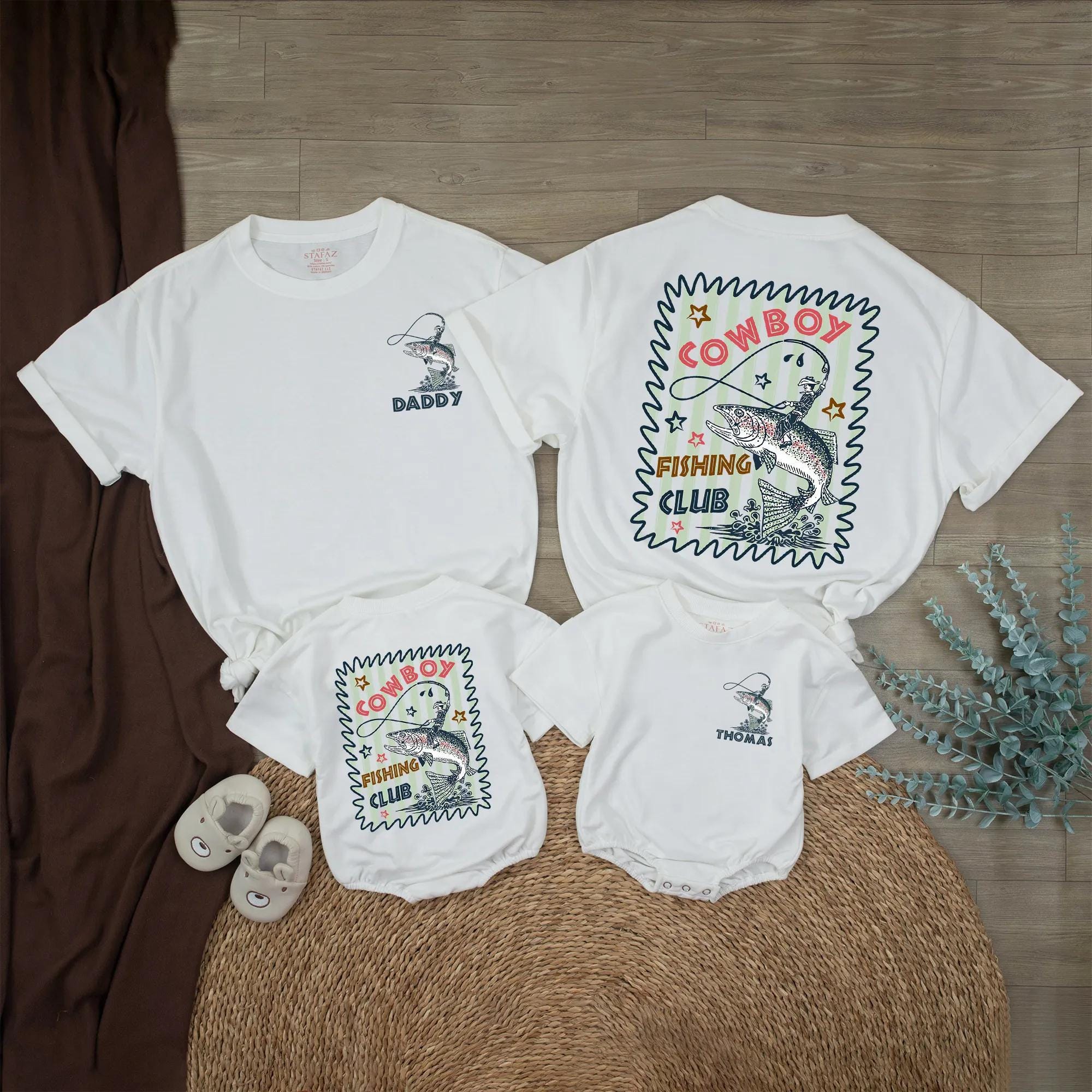 Personalized Cowboy Fishing Club Baby Romper and Daddy Shirt Set, Custom Matching Outfit for Baby and Dad, Soft Cotton Long Sleeve Romper