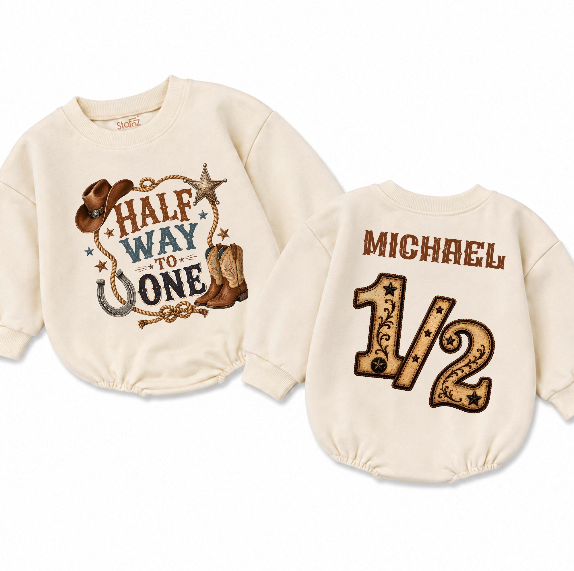 Personalized Cowboy Half Birthday Baby Romper - Half Way to One Design, Soft Cotton Long Sleeve Bodysuit for 6-Month Milestone Photos