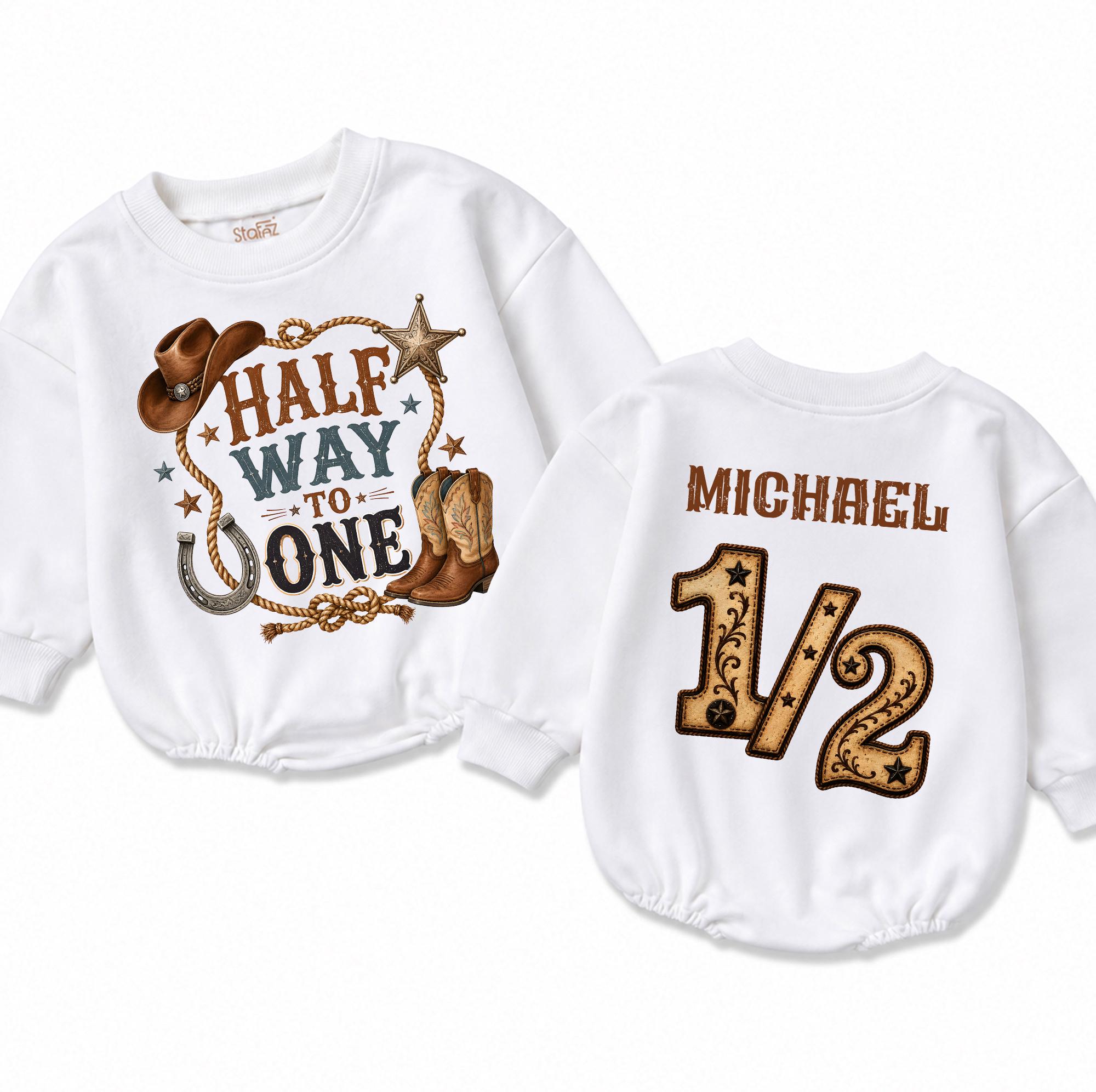 Personalized Cowboy Half Birthday Baby Romper - Half Way to One Design, Soft Cotton Long Sleeve Bodysuit for 6-Month Milestone Photos