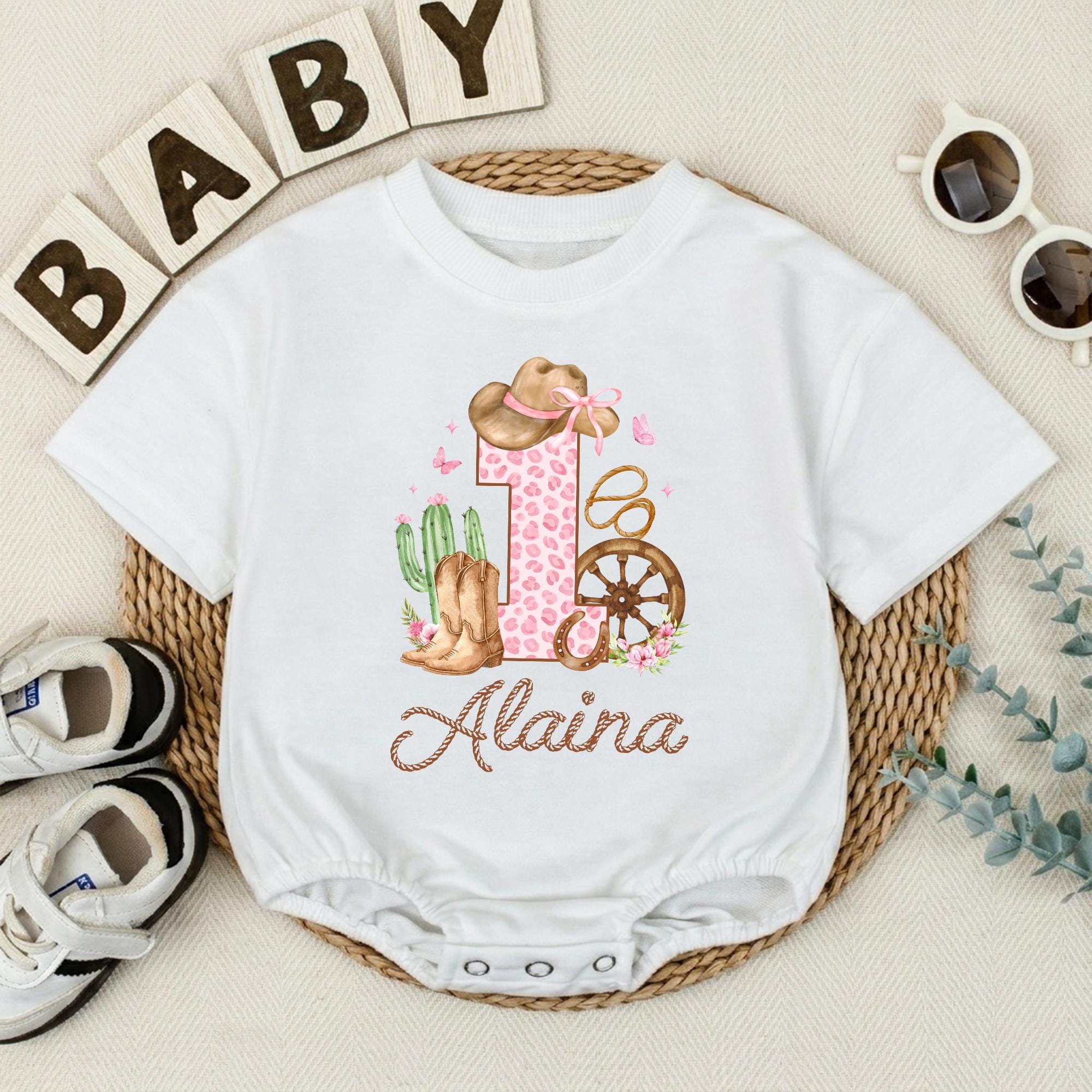 Personalized Cowgirl 1st Birthday Romper with Pink Western Artwork for Baby Girls, Long Sleeve Cotton Outfit for Cake Smash and Celebrations