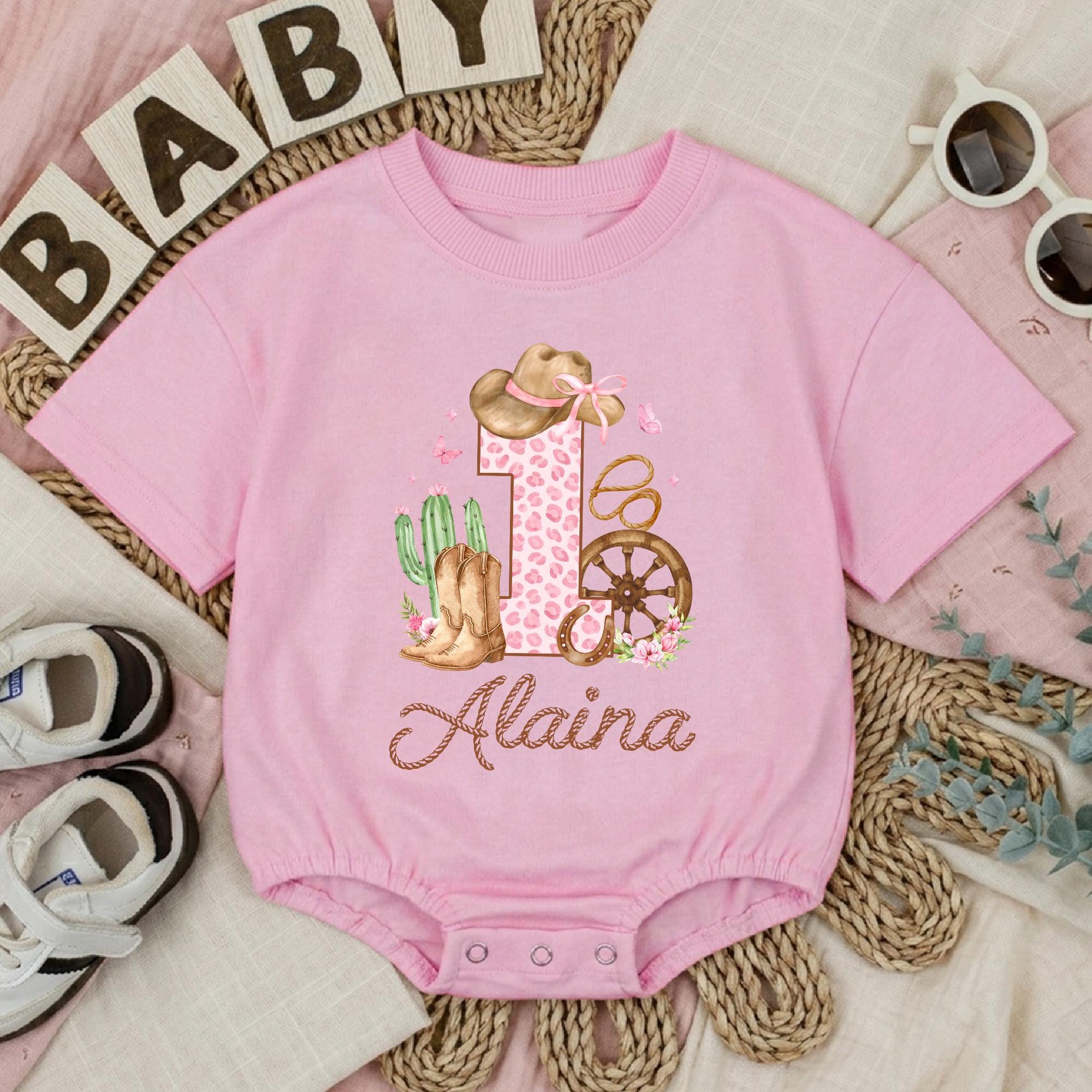 Personalized Cowgirl 1st Birthday Romper with Pink Western Artwork for Baby Girls, Long Sleeve Cotton Outfit for Cake Smash and Celebrations