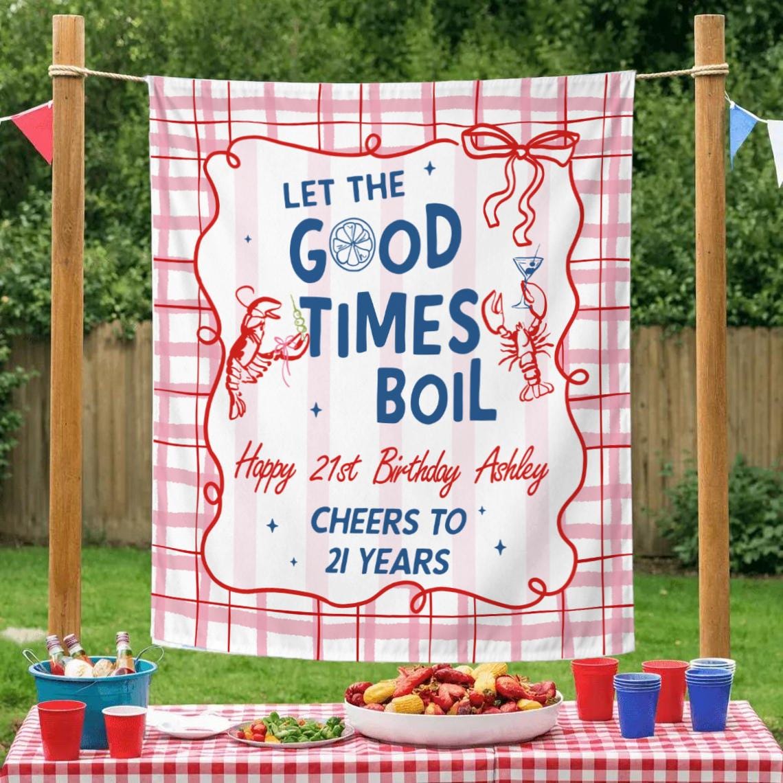 Personalized Crawfish Birthday Banner Let the Good Times Boil Party Backdrop Custom Louisiana Decor Red Plaid Theme for Celebrations