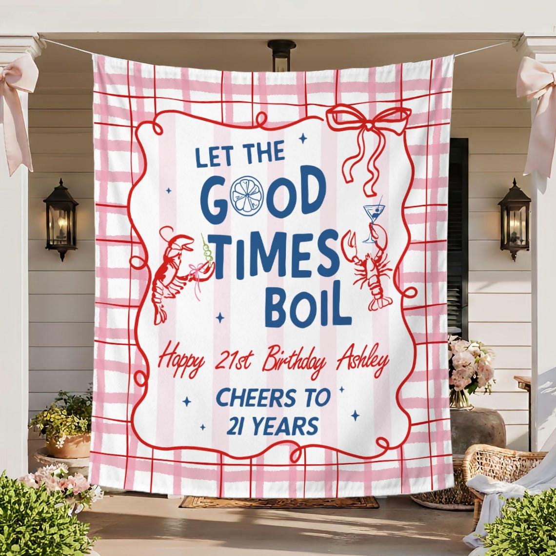 Personalized Crawfish Birthday Banner Let the Good Times Boil Party Backdrop Custom Louisiana Decor Red Plaid Theme for Celebrations