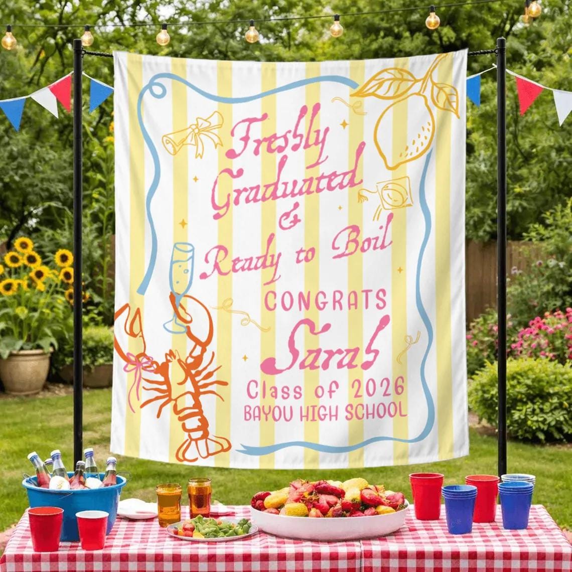 Personalized Crawfish Boil Graduation Banner Class of 2026 Party Decor White Yellow Stripes Fun Celebration, Custom Silk Design
