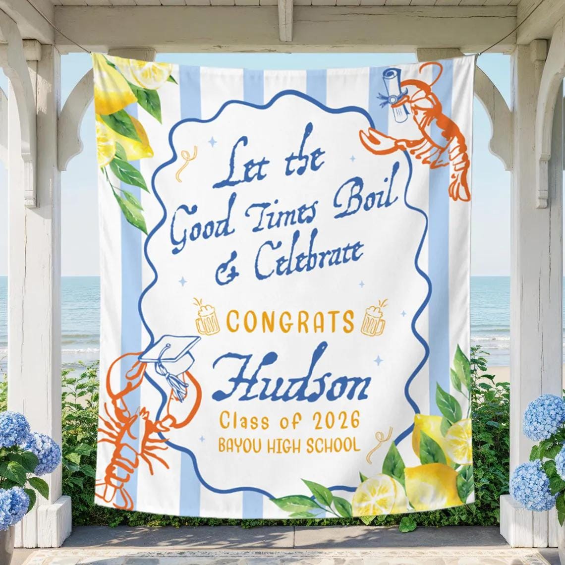 Personalized Crawfish Boil Graduation Silk Banner Class of 2026 Custom Party Decor with White Wavy Panel and Light Blue Frame