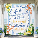 Personalized Crawfish Boil Graduation Silk Banner Class of 2026 Custom Party Decor with White Wavy Panel and Light Blue Frame