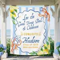 Personalized Crawfish Boil Graduation Silk Banner Class of 2026 Custom Party Decor with White Wavy Panel and Light Blue Frame
