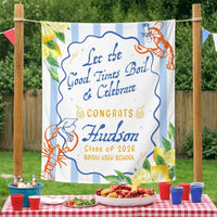 Personalized Crawfish Boil Graduation Silk Banner Class of 2026 Custom Party Decor with White Wavy Panel and Light Blue Frame