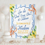 Personalized Crawfish Boil Graduation Silk Banner Class of 2026 Custom Party Decor with White Wavy Panel and Light Blue Frame