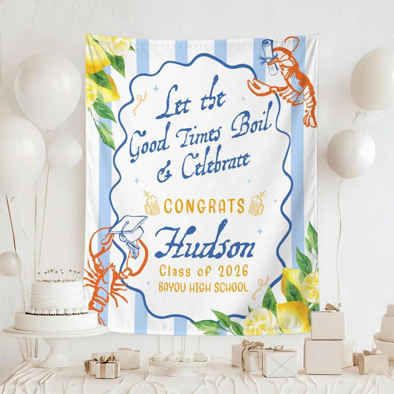 Personalized Crawfish Boil Graduation Silk Banner Class of 2026 Custom Party Decor with White Wavy Panel and Light Blue Frame