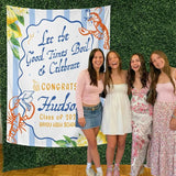 Personalized Crawfish Boil Graduation Silk Banner Class of 2026 Custom Party Decor with White Wavy Panel and Light Blue Frame