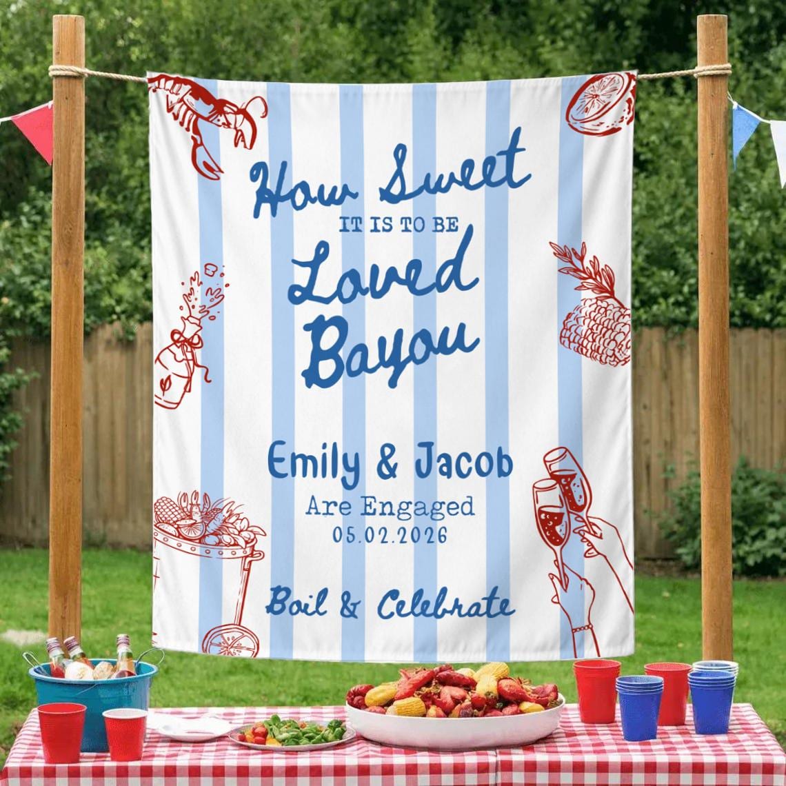 Personalized Crawfish Engagement Party Banner How Sweet It Is Bayou Boil Decor Custom Louisiana Cajun Backdrop White Blue Stripes
