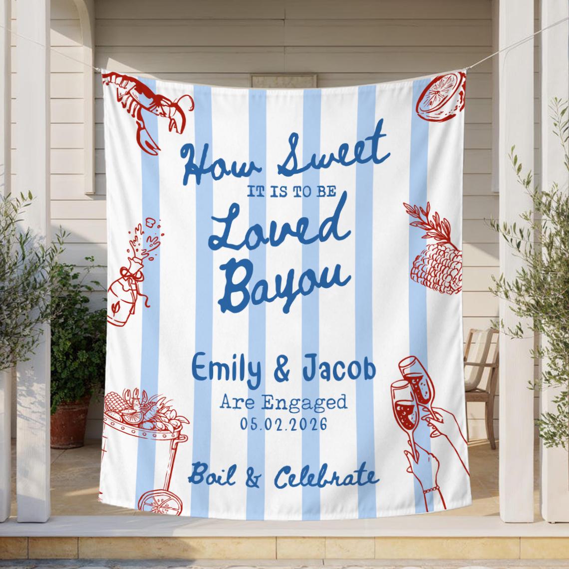 Personalized Crawfish Engagement Party Banner How Sweet It Is Bayou Boil Decor Custom Louisiana Cajun Backdrop White Blue Stripes