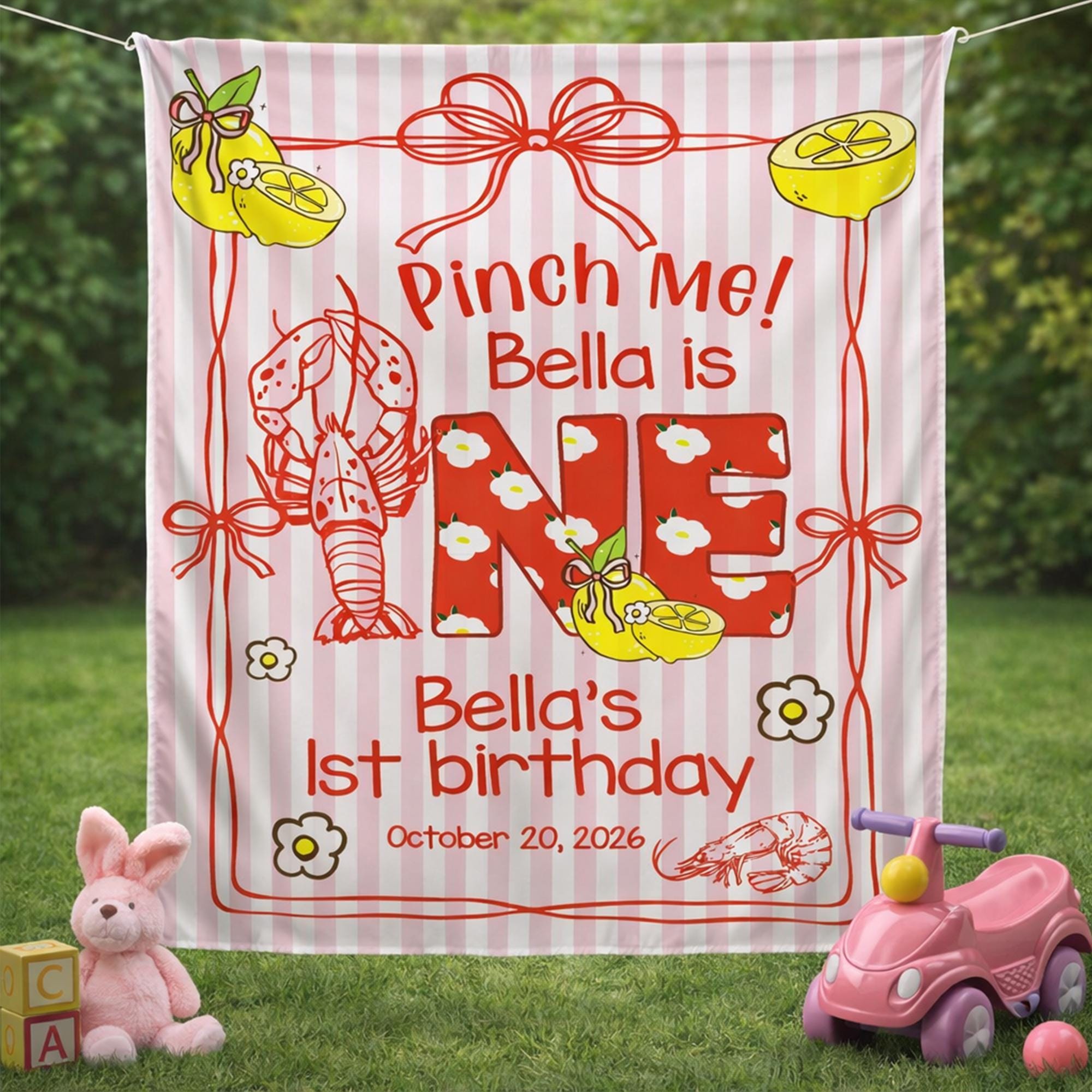 Personalized Crawfish First Birthday Banner with Pink and Red Picnic Design, Custom Name and Date Party Backdrop for Cake Smash Photos