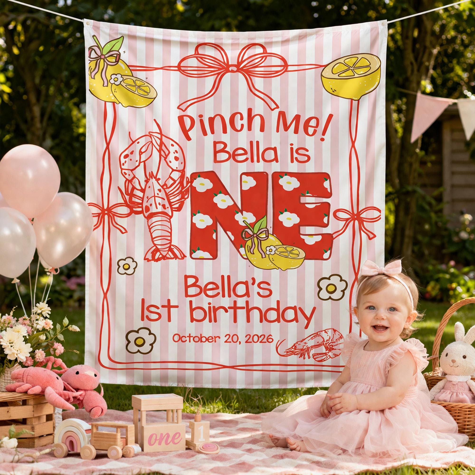 Personalized Crawfish First Birthday Banner with Pink and Red Picnic Design, Custom Name and Date Party Backdrop for Cake Smash Photos