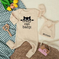 Personalized Crazy Cat Baby Bodysuit with Matching Hat, Cute Kitten Graphic, Soft Cotton Outfit for Newborns, Baby Shower Gift Idea