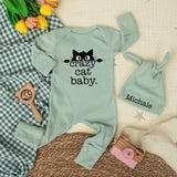Personalized Crazy Cat Baby Bodysuit with Matching Hat, Cute Kitten Graphic, Soft Cotton Outfit for Newborns, Baby Shower Gift Idea