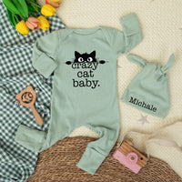 Personalized Crazy Cat Baby Bodysuit with Matching Hat, Cute Kitten Graphic, Soft Cotton Outfit for Newborns, Baby Shower Gift Idea