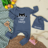 Personalized Crazy Cat Baby Bodysuit with Matching Hat, Cute Kitten Graphic, Soft Cotton Outfit for Newborns, Baby Shower Gift Idea